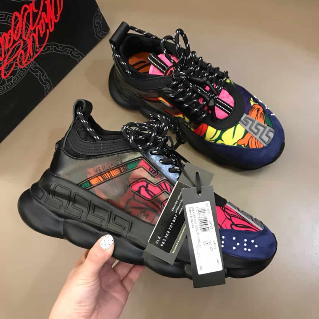 VERSACE BLACK AND MULTICOLOURED CHAIN REACTION SNEAKERS