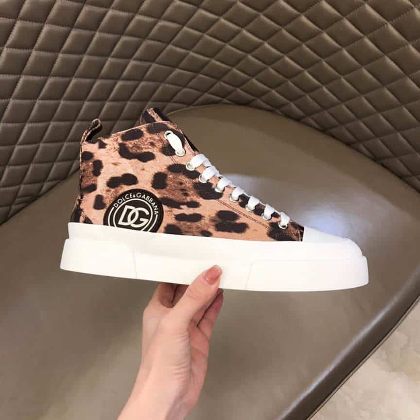 DOLCE AND GABBANA COTTON DRILL PORTOFINO LIGHT MID-TOP SNEAKERS WITH LEOPARD PRINT - DG110