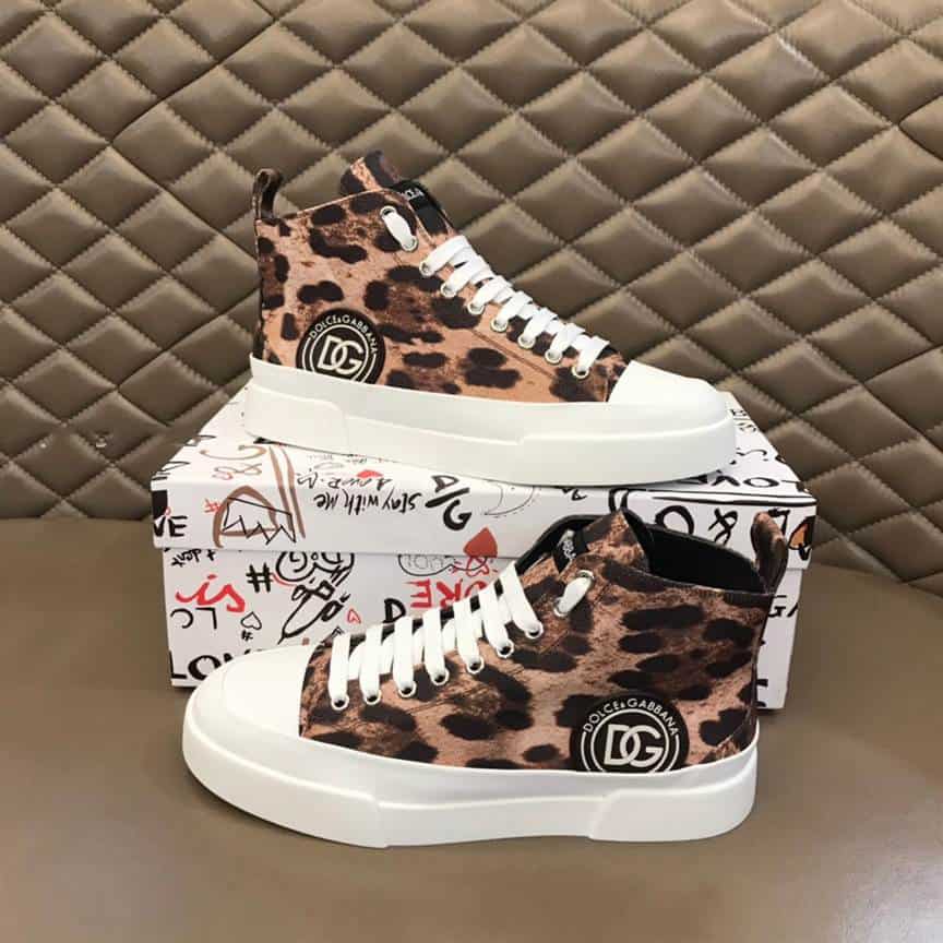 DOLCE AND GABBANA COTTON DRILL PORTOFINO LIGHT MID-TOP SNEAKERS WITH LEOPARD PRINT - DG110