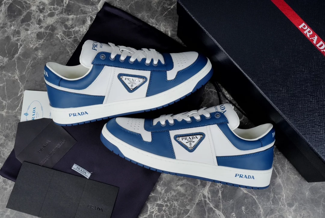 Pra*a downtown leather sneakers in white and lacquer blue- prd011
