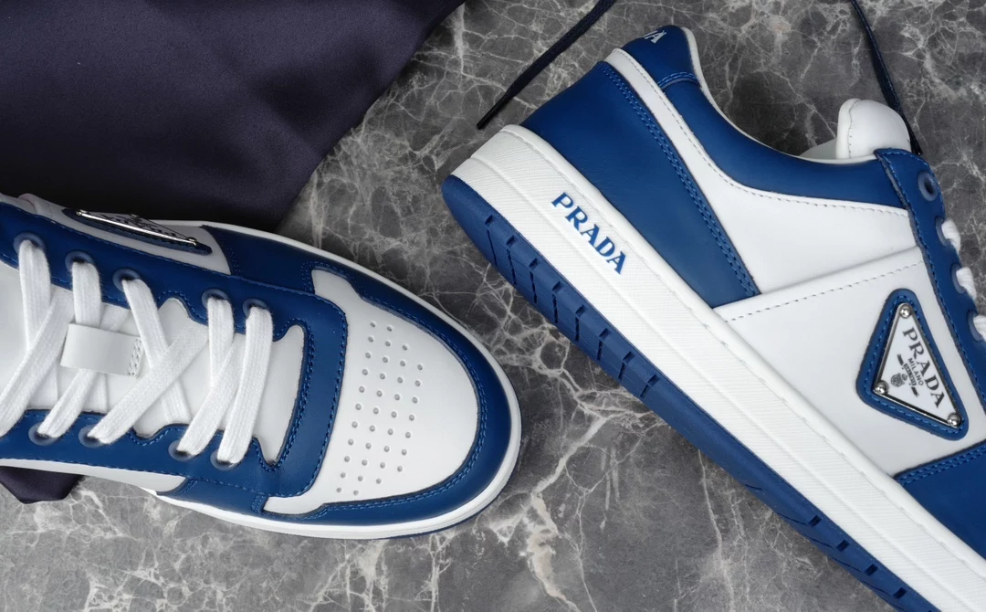 Pra*a downtown leather sneakers in white and lacquer blue- prd011