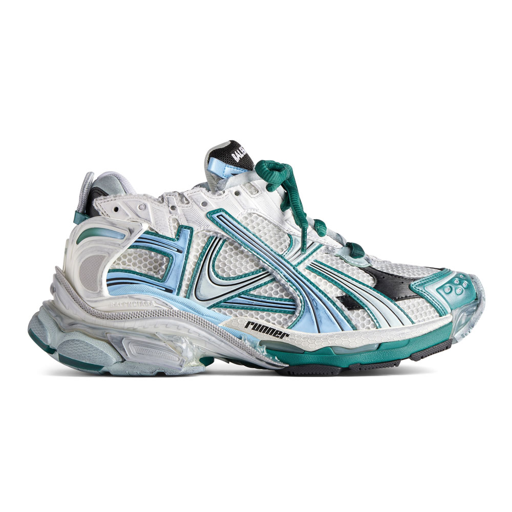 Ba*len*cia*ga runner sneaker in white, green and blue mesh and nylon - bb268