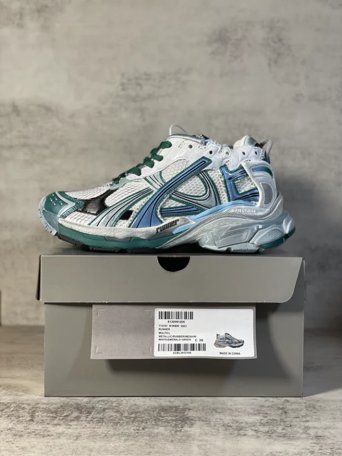 Ba*len*cia*ga runner sneaker in white, green and blue mesh and nylon - bb268