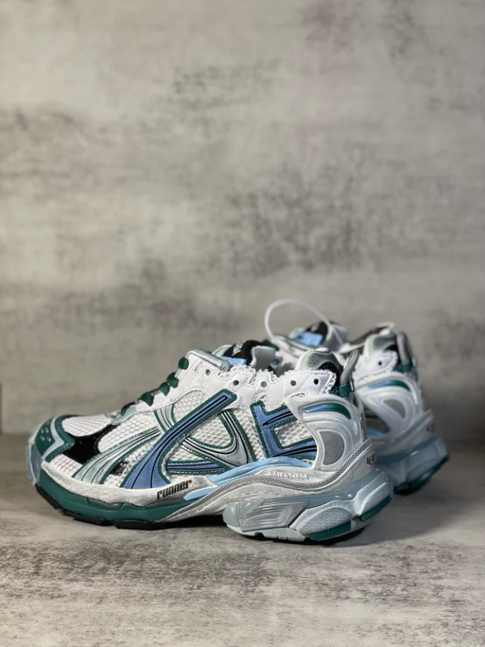 Ba*len*cia*ga runner sneaker in white, green and blue mesh and nylon - bb268